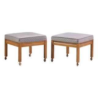 Founders Style Mid Century Oak Rolling Upholstered Stools - Pair For Sale