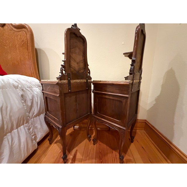 Pair of Antique French Marble-Top Bedside Cabinets / Nightstands With Carved Crests, Circa 1900 For Sale - Image 4 of 6