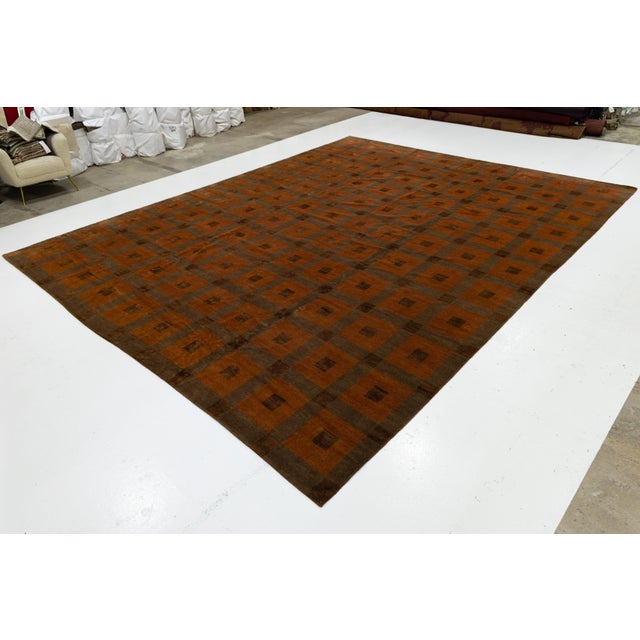 Modern Modern Tibetan Hand-Knotted Wool and Silk Geometric Grid Rug in Burnt Orange For Sale - Image 3 of 10