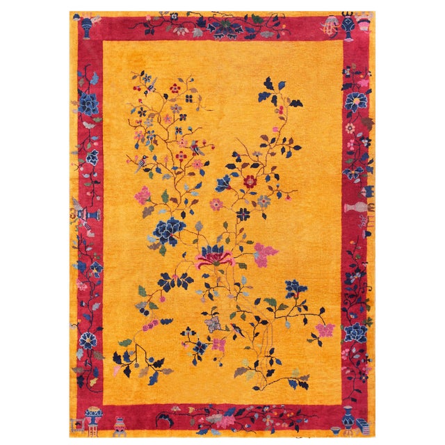 1920s Canary Yellow Floral Sprays Antique Chinese Art Deco Carpet 6'2" X 8'8" Knotted Wool Rug For Sale - Image 9 of 9