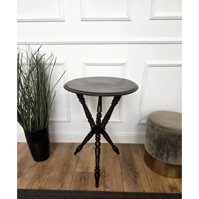 Wood Antique Italian Round Walnut Tripod Side Table with Carved Bun Stretcher, 1890s For Sale - Image 7 of 10