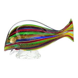 Murano Avem Rainbow Colors Silver Gold Flecks Italian Art Glass Vintage Striped Fish Figurine Sculpture For Sale