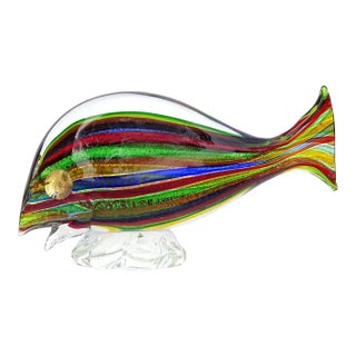 Vintage Murano Avem Rainbow Colors Silver Gold Flecks Italian Art Glass Striped Fish Figurine Sculpture For Sale