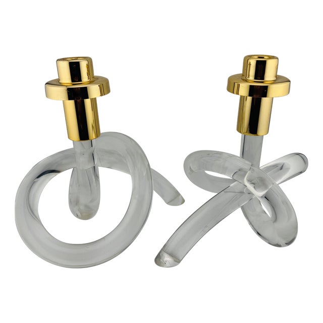 Vintage Pretzel Candleholders in Acrylic and Brass, 1960s, Set of 2 For Sale
