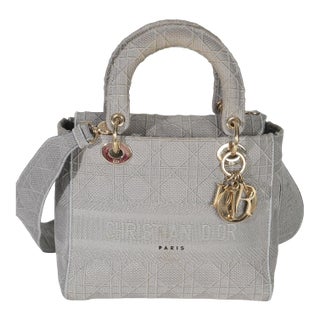 Gray Canvas Cannage Embroidered Medium Lady D-Lite Bag For Sale