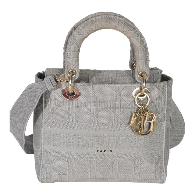 Gray Canvas Cannage Embroidered Medium Lady D-Lite Bag For Sale