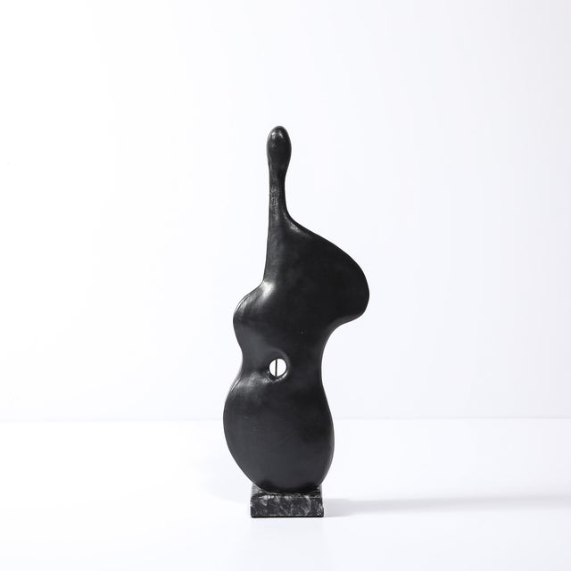 Mid-Century Modern Mid-Century Abstracted Guitar Sculpture in Black Enamel & Bronze on Marble Base For Sale - Image 3 of 16