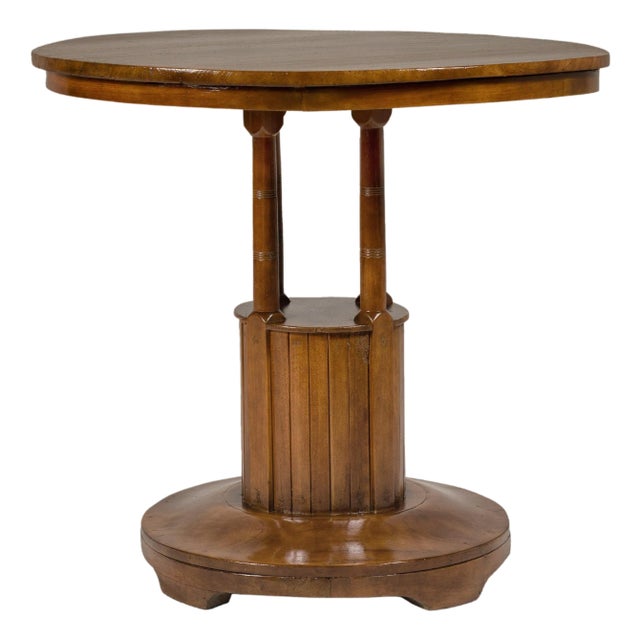Midcentury Round Top Side Table with Column Supports and Tambour Base For Sale