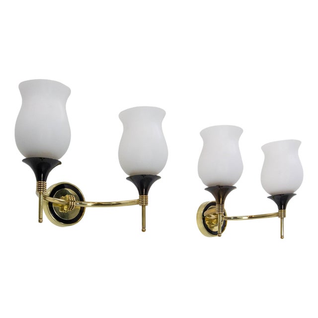 French Double Sconces in Brass and Black Metal with Opaline Glass Shades, 1960s, Set of 2 For Sale