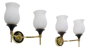 French Double Sconces in Brass and Black Metal with Opaline Glass Shades, 1960s, Set of 2