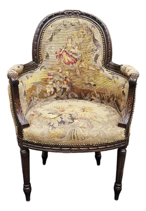Louis XVI Style Mahogany and Flemish Style Needlepoint Tapestry Upholstered Bergère, Circa 1880s