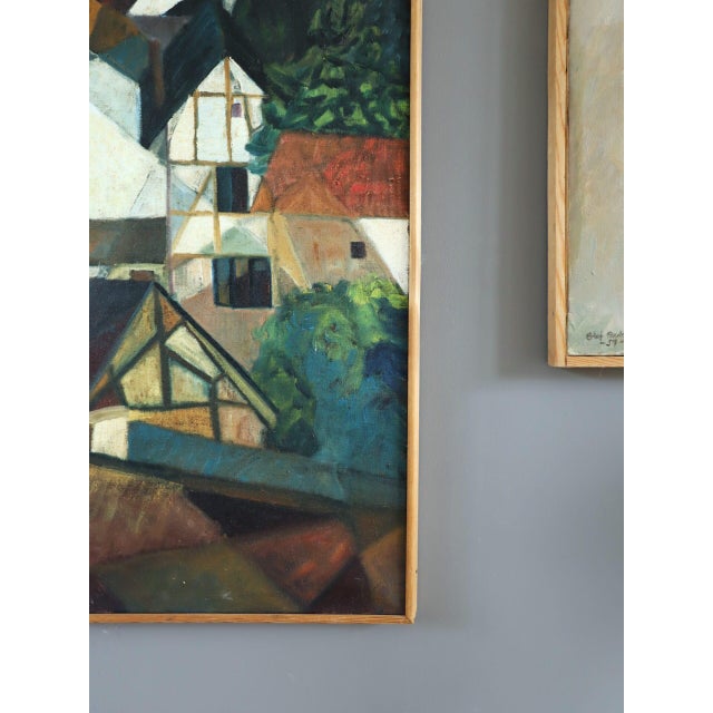Textile 1975 Modernist 'Cubist Hillside' Vintage Swedish Landscape Oil Painting, Framed For Sale - Image 7 of 10
