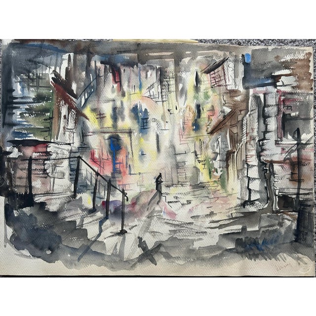 Vintage 1960’s Framed Original Abstract Watercolor of a Street Scene For Sale - Image 4 of 8