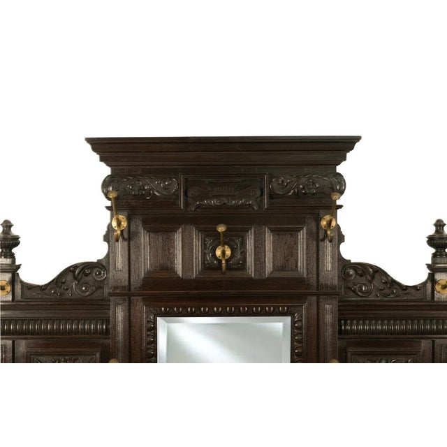 Antique Monumental Renaissance Revival Carved Oak Hall Tree Stand Mirror 1890 For Sale - Image 9 of 14