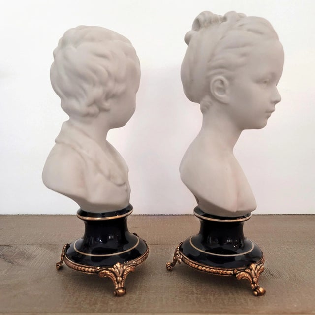 Early 20th Century Limoges Bisque Porcelain Brongniart Children Busts After Houdon by Tharaud, a Pair For Sale - Image 5 of 13