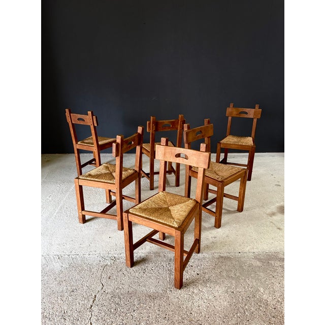 1960s Brutalist Rustic Oak and Rush Dining Chair Set, Belgium, 1960s, Set of 6 For Sale - Image 5 of 18