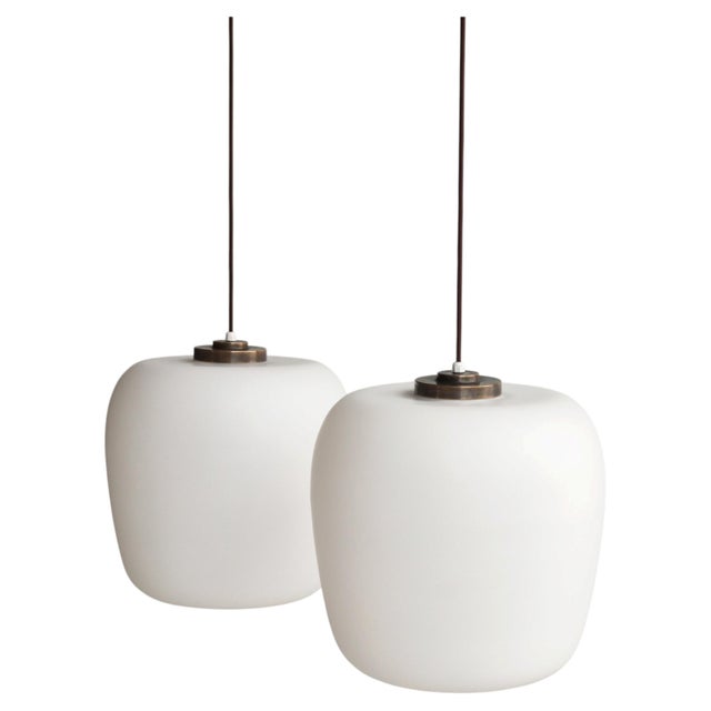 Danish Modern Funkis Pendants in Opal Glass and Brass attributed to Fog & Mørup, 1940s, Set of 2 For Sale - Image 13 of 13