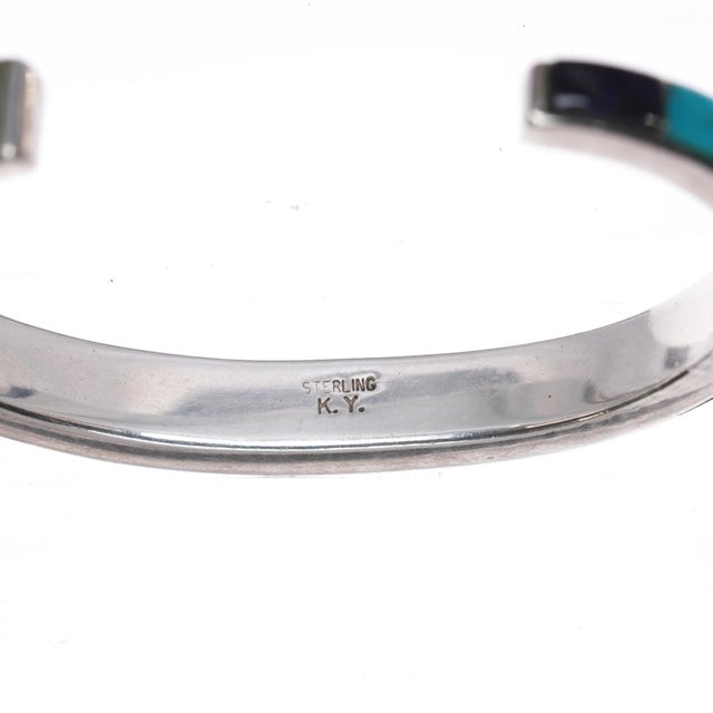 6 3/8" Kay Yazzie Navajo sterling multi-stone channel inlay cuff bracelet For Sale In Austin - Image 6 of 10