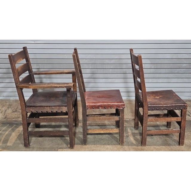 Brown Set of 6 Stickley Arts & Crafts Oak Dining Chairs Leather Seats Early Gustav Stickley For Sale - Image 8 of 13