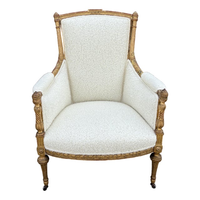 19th Century French Louis XVI Style Giltwood Bergere For Sale