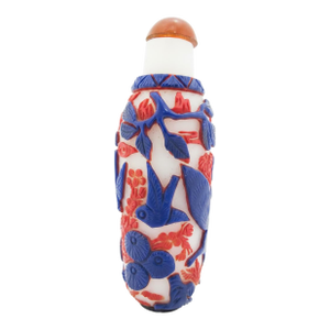 Chinese Animal & Bird Carved Overlay Red & Blue Peking Glass Snuff Bottle