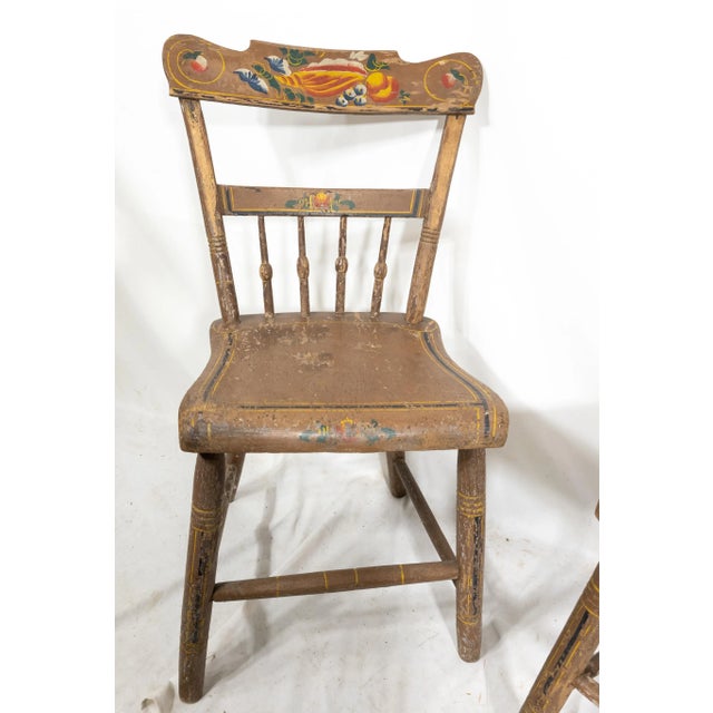 We are selling this pair of rustic farmhouse simply painted side chairs with primitive style and wear, pair matches but...