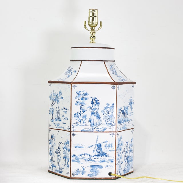 A Pair of Vintage Hand-Painted Blue and White Imitation Dutch Tile Landscape Tea Can Table Lamps For Sale - Image 4 of 14