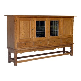 Henning Kjærnulf Oak Sideboard Credenza With Leaded Glass Doors Danish Mid-Century Modern 1970s For Sale