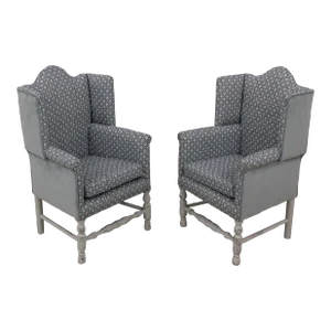 Pair Youth Size Newly Upholstered Primitive Wing Chairs