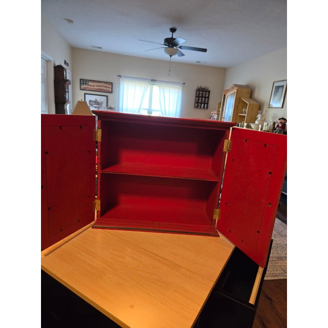 Mid-Century Modern Distressed Red Vintage Cabinet With Metal Design Doors For Sale - Image 3 of 8