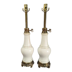 Pair of Mid 20th Century Stiffel White Porcelain Ornate Bronzed Metal Base Banquet Table Lamps