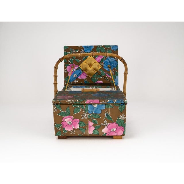 Mid-Century Sewing Basket with Bamboo Handle & Floral Decor, 1970s For Sale - Image 12 of 18