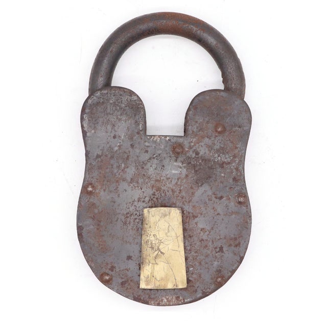 Large steel padlock, nearly one foot tall. Includes two keys and an operable locking mechanism, with a functional brass...