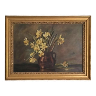 Vintage English Framed Oil Painting of Daffodils in a Brown Jar For Sale