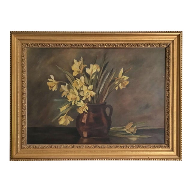 Vintage English Framed Oil Painting of Daffodils in a Brown Jar For Sale