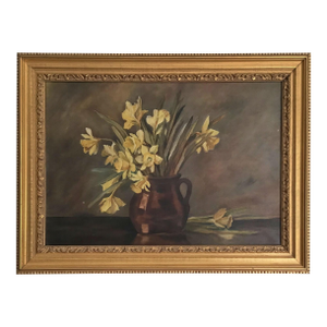 Vintage English Framed Oil Painting of Daffodils in a Brown Jar