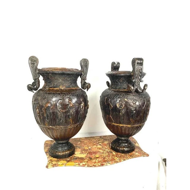 Neoclassical Roman Style Cast Bronze Urns, Set of 2 For Sale - Image 5 of 7