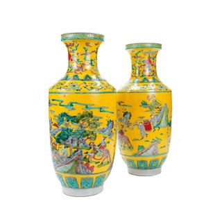 Chinese Hand Painted Yellow Vases - A Pair For Sale