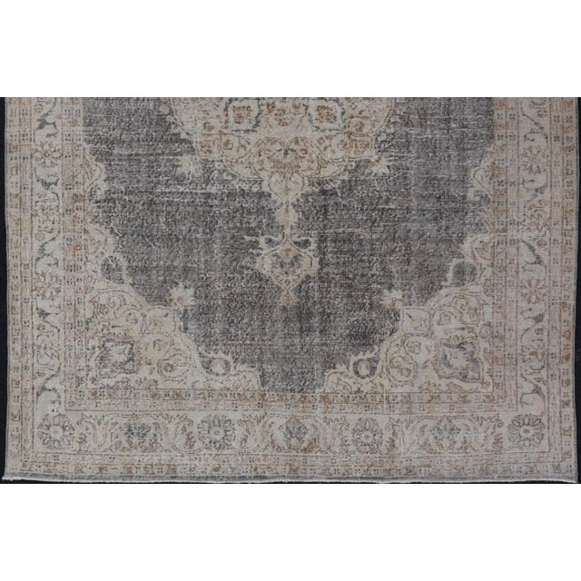 Mid 20th Century Distressed Turkish Carpet With Medallion Design in Dark Gray, Lt. Brown & Cream For Sale - Image 9 of 12