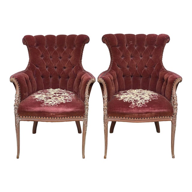 Victorian 1930s Velvet Carved Wood Victorian Louie XVI Style Armchair-A Pair For Sale - Image 3 of 5
