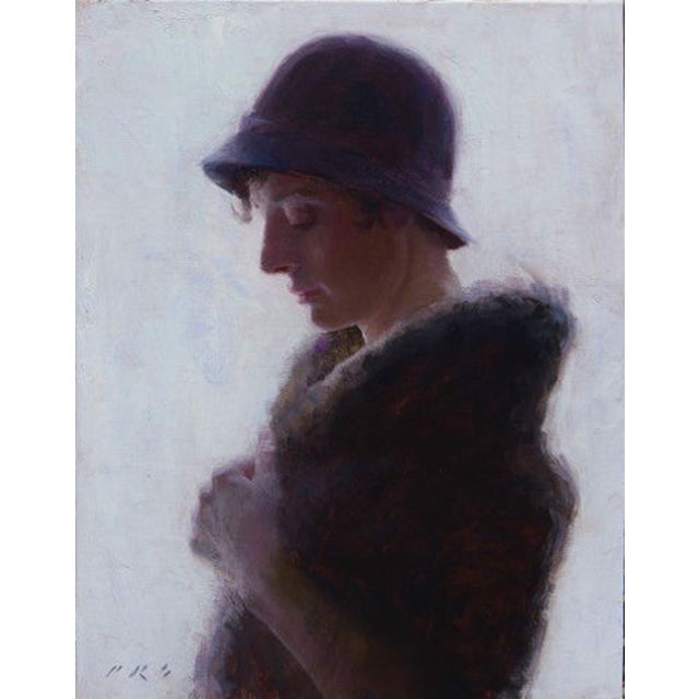 Bathed in Light by Tony Pro | Oil Painting of a woman in profile wearing a hat and fur coat For Sale