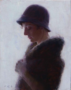 Bathed in Light by Tony Pro | Oil Painting of a woman in profile wearing a hat and fur coat