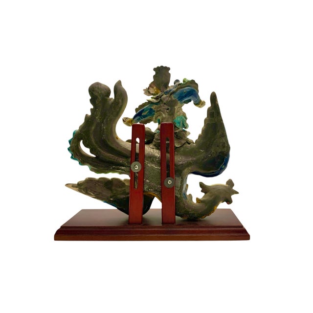 Green Late 20th Century Chinese Warrior on Phoenix Roof Tile Sculpture on Stand, Folk Art, 12.5"h For Sale - Image 8 of 9