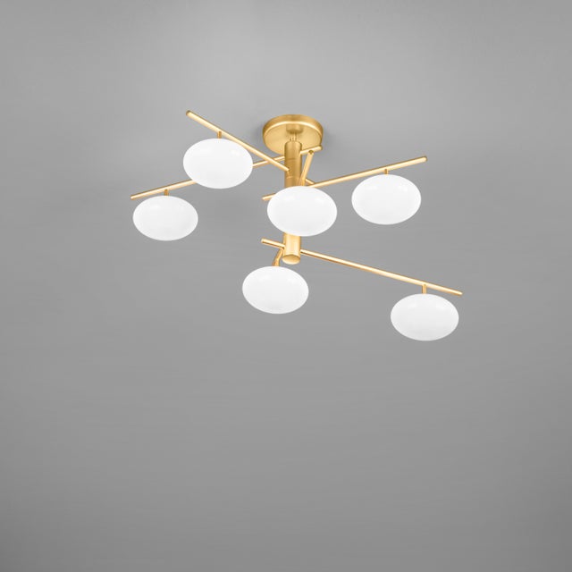 Modern Italian flush mount or chandelier with six white glass shades mounted on matt gold finish metal frame / Made in...