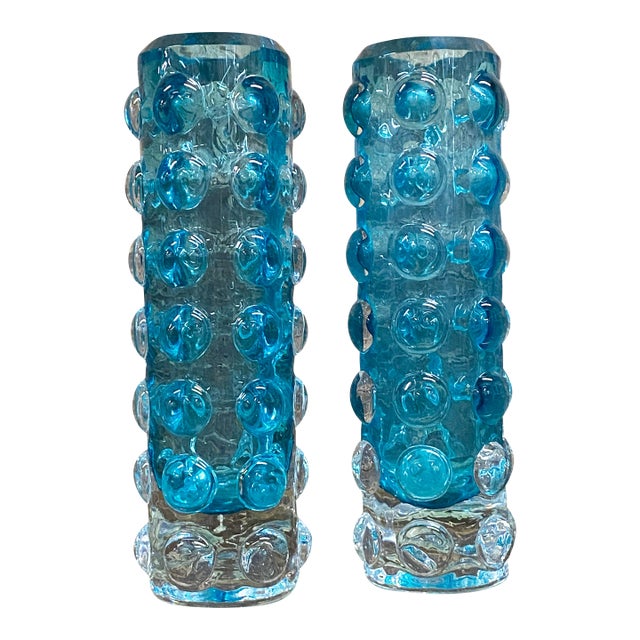 Pair of 1960s Turquoise Bubble Glass Vases Attributed to Skruf of Sweden For Sale