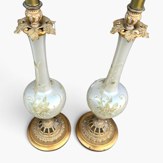1960s Hollywood Regency Opalescent Art Glass & Gilded Brass Table Lamps - a Pair For Sale - Image 4 of 7