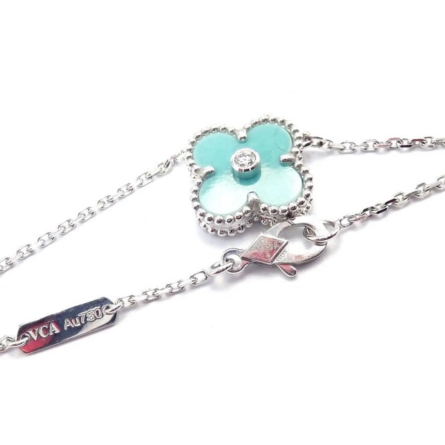 Blue Van Cleef & Arpels Diamond Celadon Sevres Porcelain White Gold Alhambra Necklace For Sale - Image 8 of 12