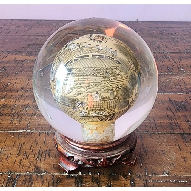 Vintage Chinese Reverse Interior Painted Glass Paperweight Sphere on Wood Base, C1950s For Sale - Image 4 of 11