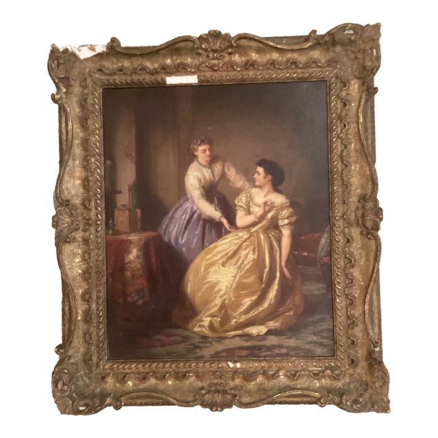 Antique Painting on Canvas Interior Scene With Two Women For Sale