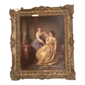 Antique Painting on Canvas Interior Scene With Two Women